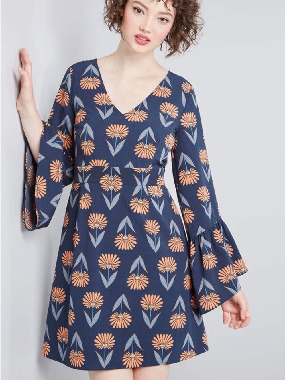 ModCloth Art Deco Blue Floral V-Neck Dress